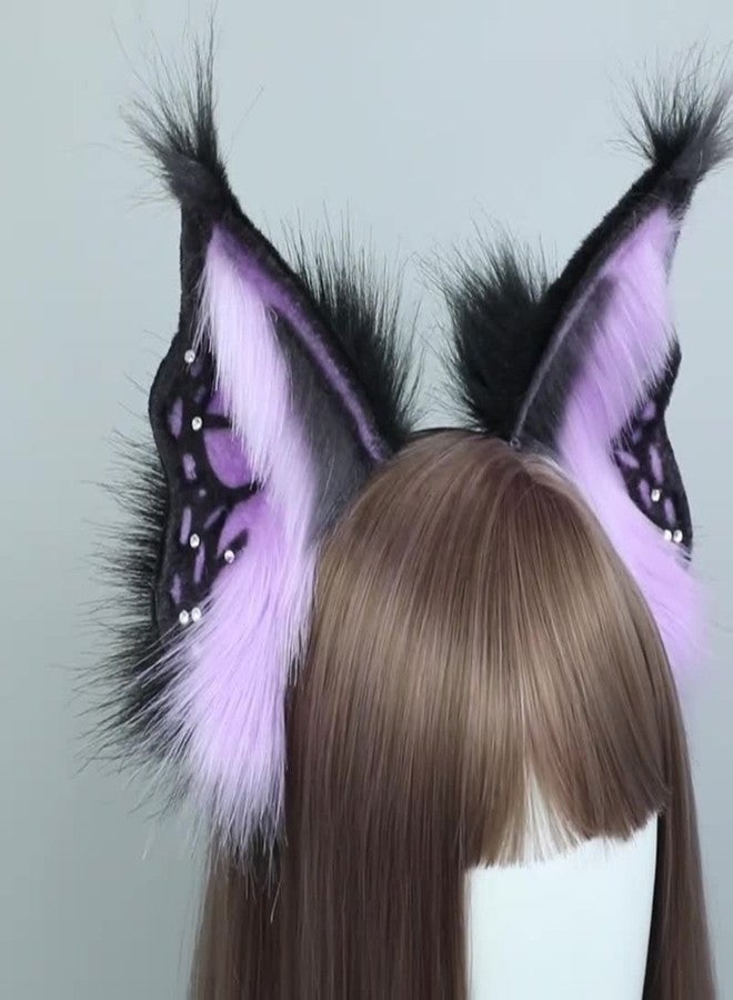 Fxaelian Cosplay Animal Purple Butterfly Fairy Fox Wolf Cat Dog Ears Headband Hairband Halloween Costume Party Headpiece Headwear Hair Accessories Fluffy Faux Fur - Image 4